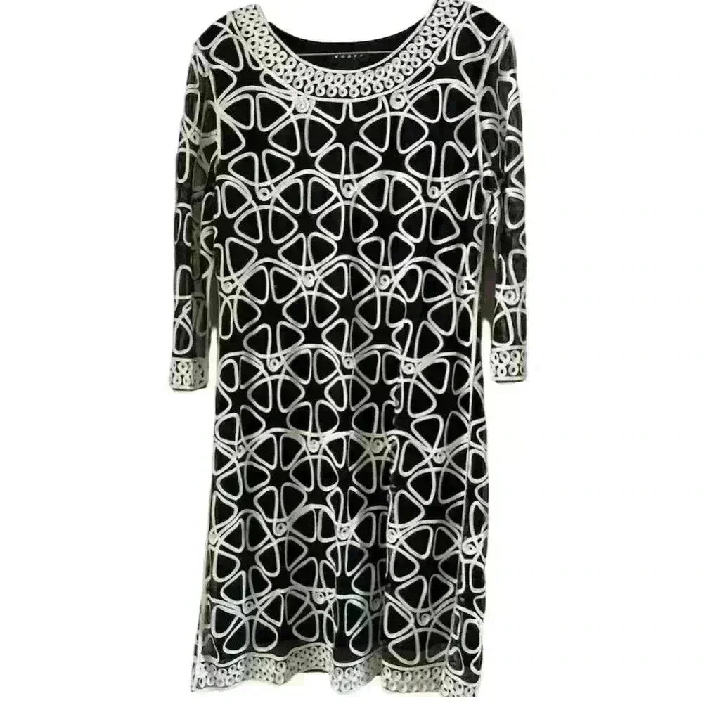 WEAVZ Black & White Embroidered Dress Floral 3/4 Sheer Sleeves Lined Size M